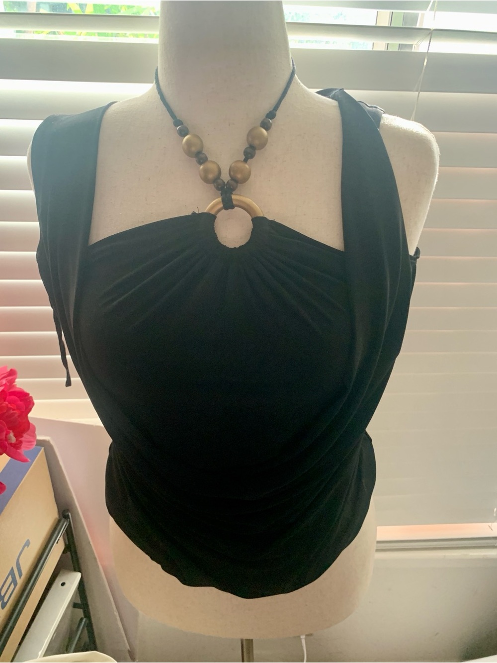 Vintage Black Sleeveless Ring-Front Blouse